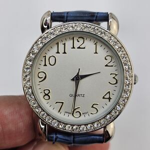 38MM Women's Watch Gray Dial Blue Faux Leather Bands New Battery